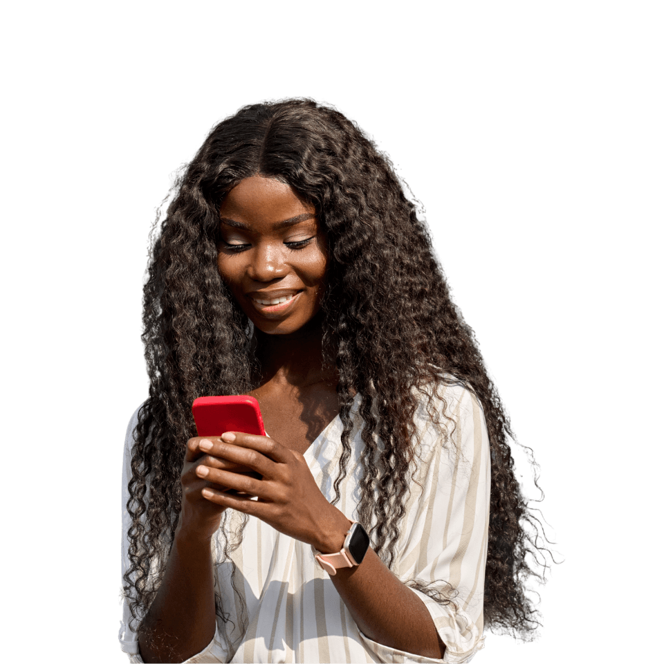Young woman looks happily at her smartphone