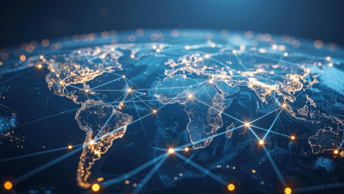 Digital world map with glowing network connections showing global connectivity against blue background.