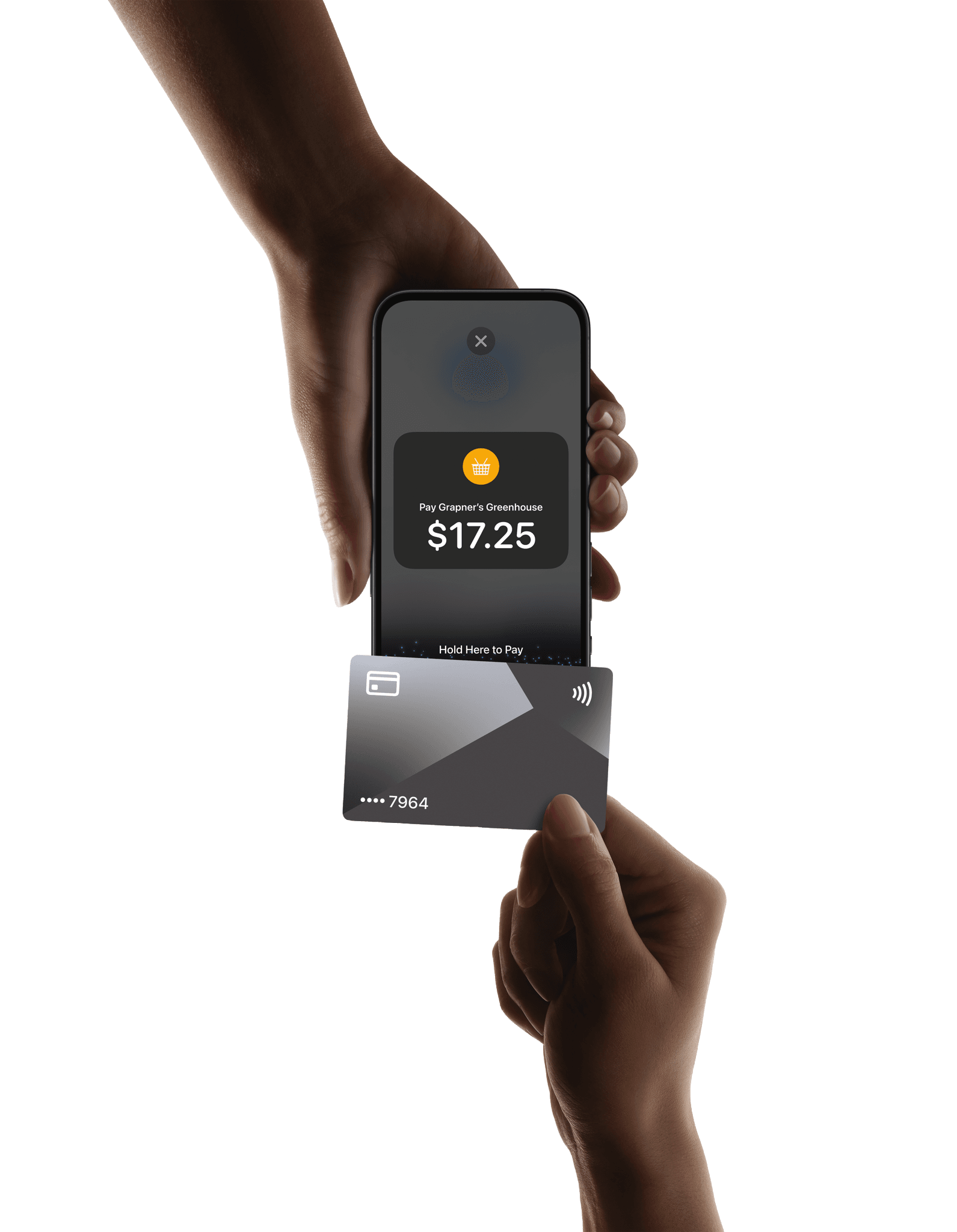 two hands tapping credit card on an iphone to make a payment